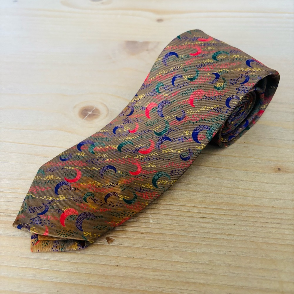 Giorgio Armani Mens Designer Vintage Gold Brown Crescent Moon Abstract Tie Silk